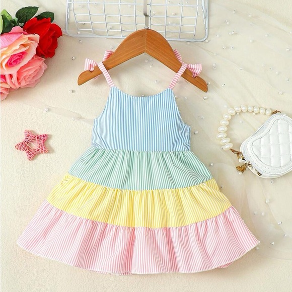 SIZE 6 - 12 MTH Striped Multicolor Kids Dress Baby Girl Sundress w/ Bows - Picture 2 of 6